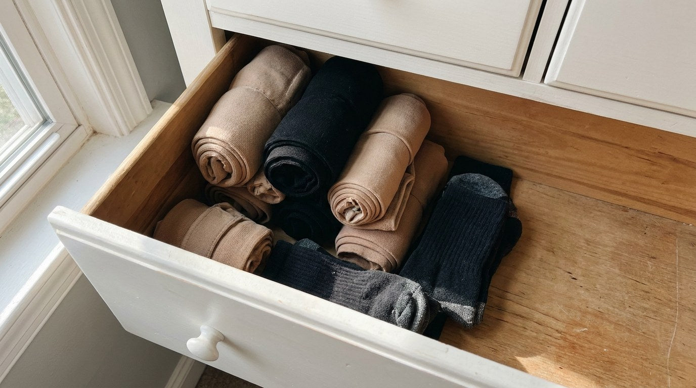 Unused compression stockings rolled up in a dresser drawer