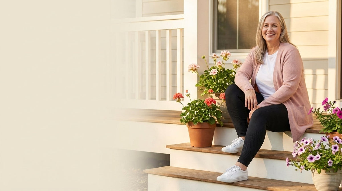 Smiling woman in black Thivelle compression leggings sitting on a sunny porch