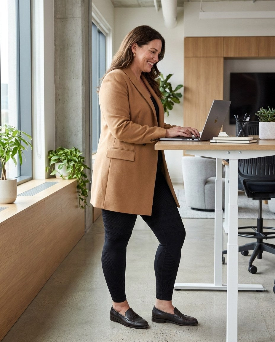 Woman at a standing desk wearing black leggings and a blazer