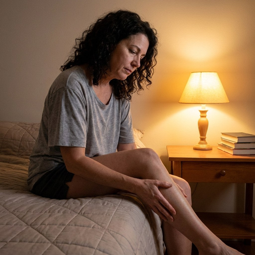 Woman sitting on the edge of her bed, resting her hand on her tired calf